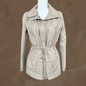 EUC Tan Trench Coat CB Outerwear Gold Hardware Utility Removable Hood Size S